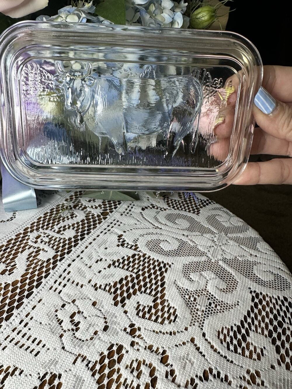 Arcoroc Clear Glass Butter Dish Lid Only with Cow Design Refrigerator Dish